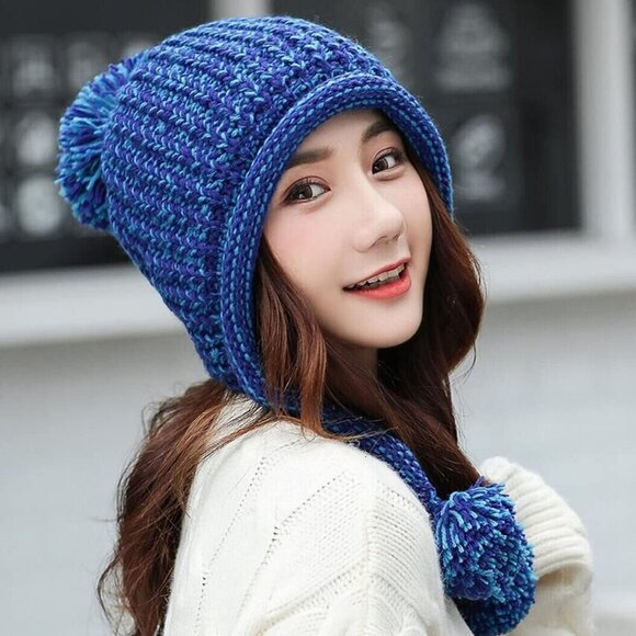 Women Blue Winter Peruvian Cover Ears Beanie Hat Ear Flaps Sherpa Snow